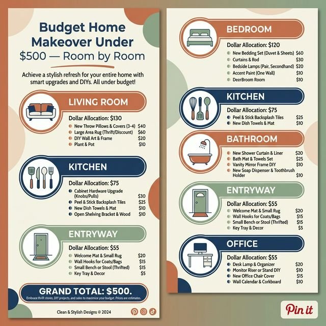 Budget Home Makeover Under $500 infographic — room-by-room breakdown with dollar amounts and key items for each room