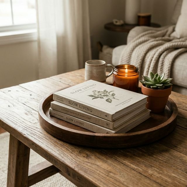 Styled coffee table with book stack, amber candle, and tiny succulent on a wooden tray