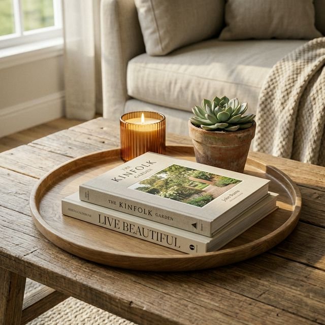 Styled coffee table with wooden tray holding design books, lit amber candle, and small succulent