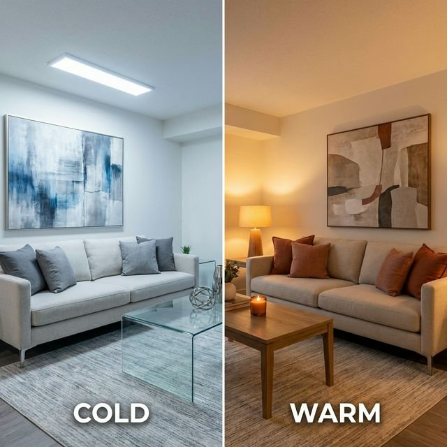 Side-by-side comparison of cold vs warm living room — same room with cool tones vs warm earthy tones