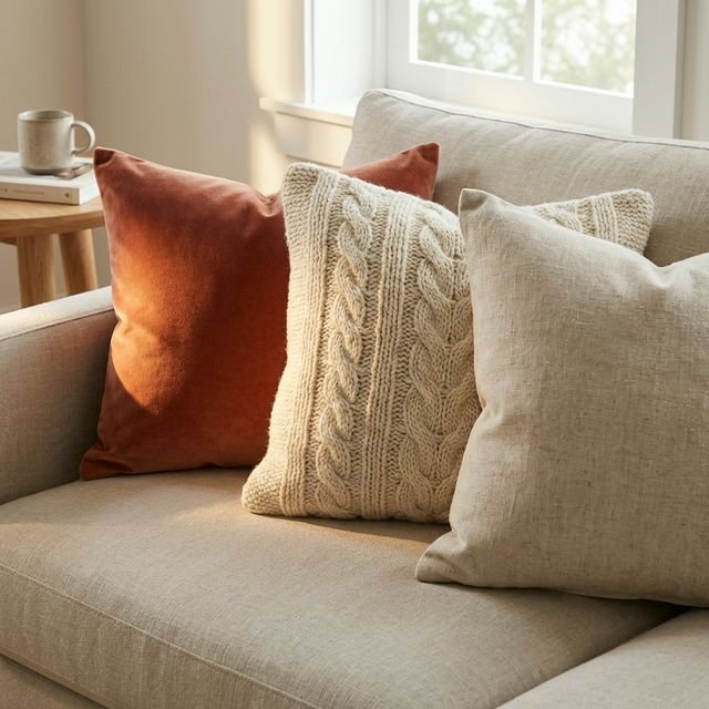 Three throw pillows on neutral sofa — terracotta velvet, cream cable-knit, oatmeal linen — showing texture contrast