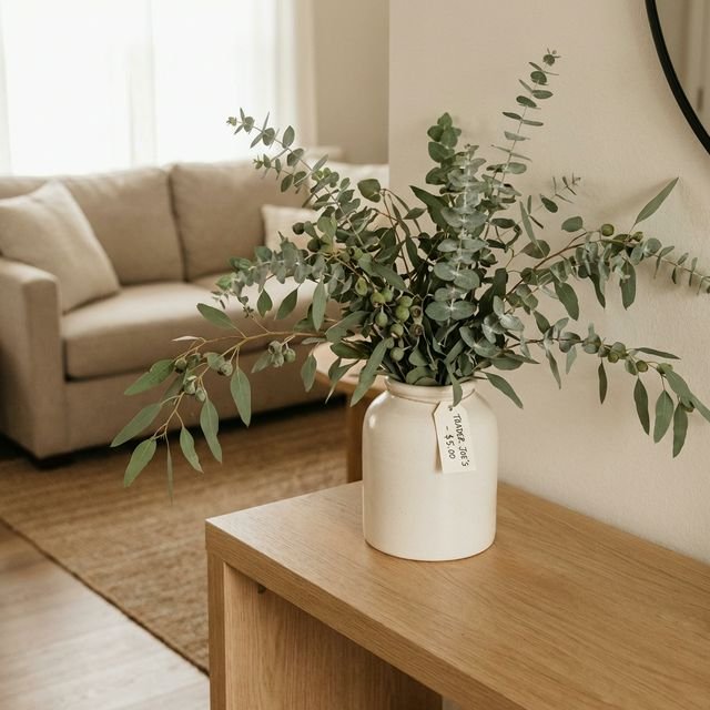 Fresh eucalyptus stems in a simple white ceramic vase on a console table — affordable luxury decor
