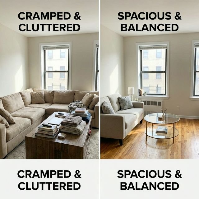 Side-by-side comparison — same small living room with oversized sofa vs right-sized loveseat showing dramatic difference in spaciousness