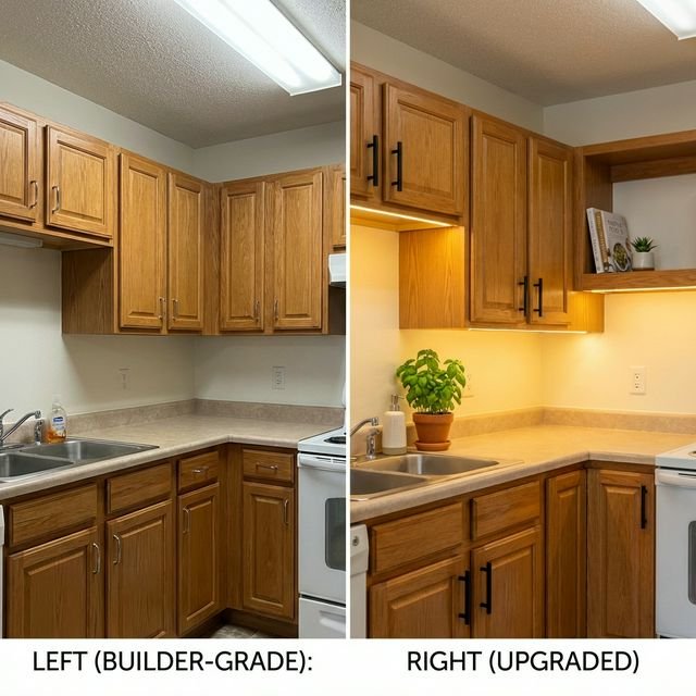 Before and after kitchen refresh — builder-grade kitchen with chrome pulls vs same kitchen upgraded with brass pulls, herb plant, and warm under-cabinet LED glow