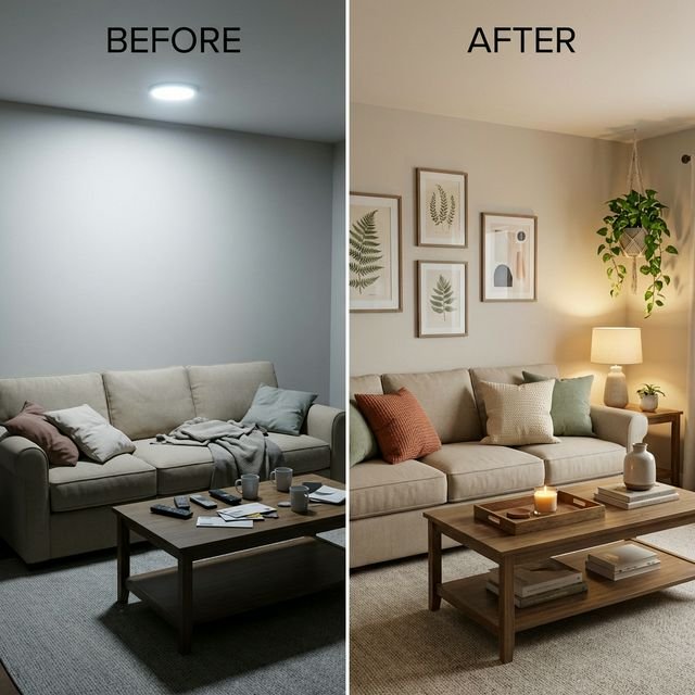 Before and after comparison of the same living room — stale vs refreshed with new pillows, warm lighting, and styled coffee table