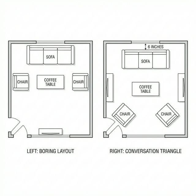 Living room layout diagram showing furniture against walls vs conversation triangle arrangement