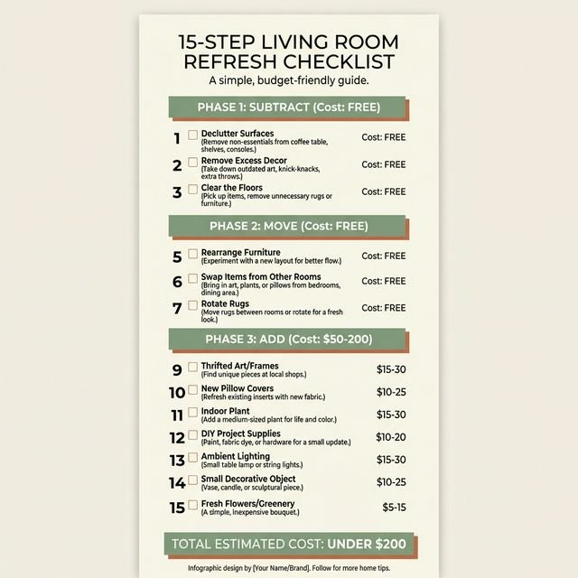15-Step Living Room Refresh Checklist infographic showing all steps with costs organized by phase