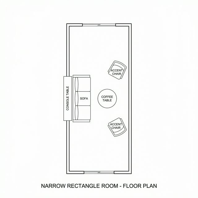Bird's-eye floor plan diagram of narrow rectangle living room layout — sofa perpendicular to long wall, console behind, two chairs facing, round coffee table