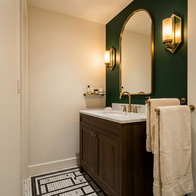 Small Neo Deco bathroom with brass fixtures and green accent wall