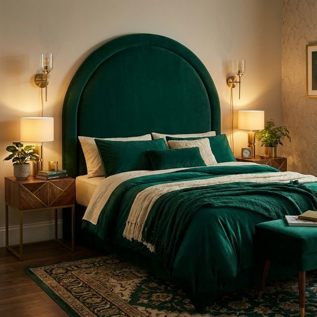 Neo Deco bedroom with arched headboard and brass wall sconces
