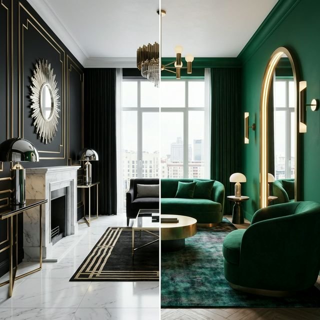 Side-by-side comparison of classic Art Deco vs modern Neo Deco interior design