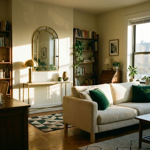 Neo Deco living room with brass accents and jewel-toned pillows
