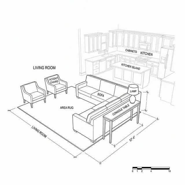 Bird's-eye floor plan of open-plan living room and kitchen layout — sofa back as room divider, console behind with lamp, chairs opposite, rug defining zone