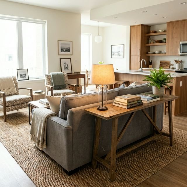 Photorealistic open-plan apartment with sofa back as room divider, console table behind with lamp and books, kitchen visible beyond