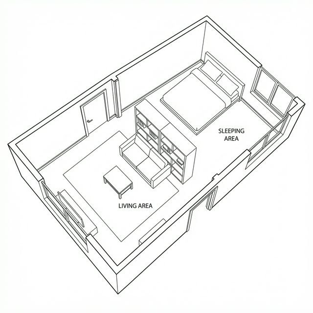 Bird's-eye floor plan of studio apartment — bed in back, open bookshelf as divider, loveseat facing away from bed, rug defining living zone