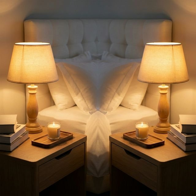 Symmetrical nightstand setup β matching bedside lamps with warm glow, identical trays with candle and book, white bedding behind
