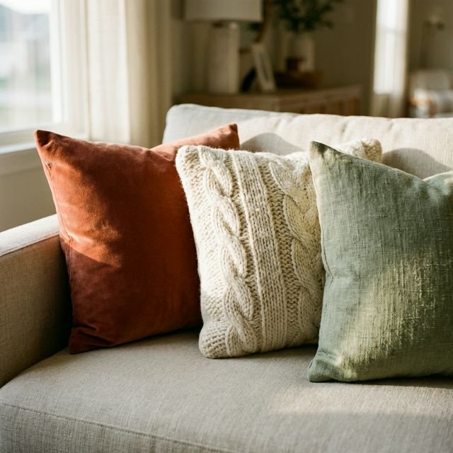 Three throw pillows on neutral sofa showing texture contrast — terracotta velvet, cream cable-knit, sage linen